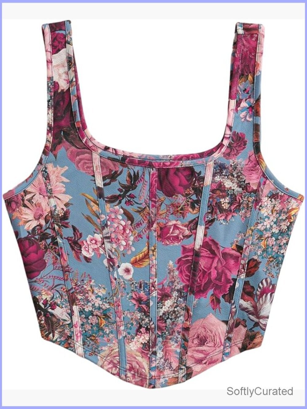 Plus Size Floral Corset Crop Tank Top Sleeveless Square Neck Sculpted Fit